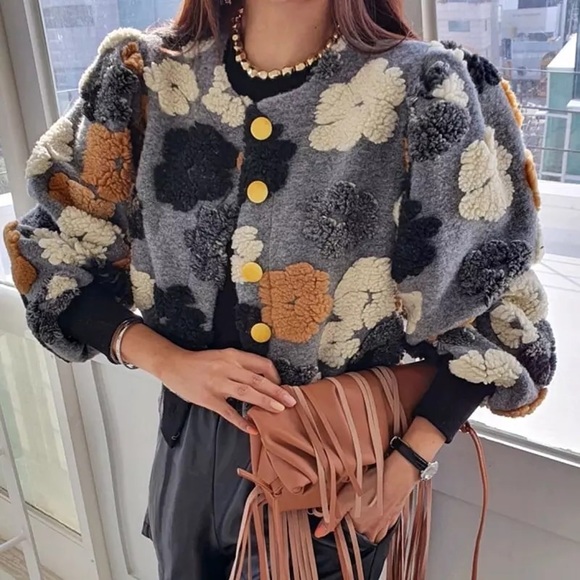 Floral jacket puff sleeve gray coat fuzzy 3d flower runway fashion womens bomber - Picture 2 of 5
